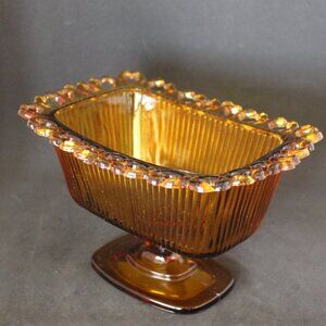 F.T.D.A 1981 Glass Ribbed Amber Pedestal Candy Dish